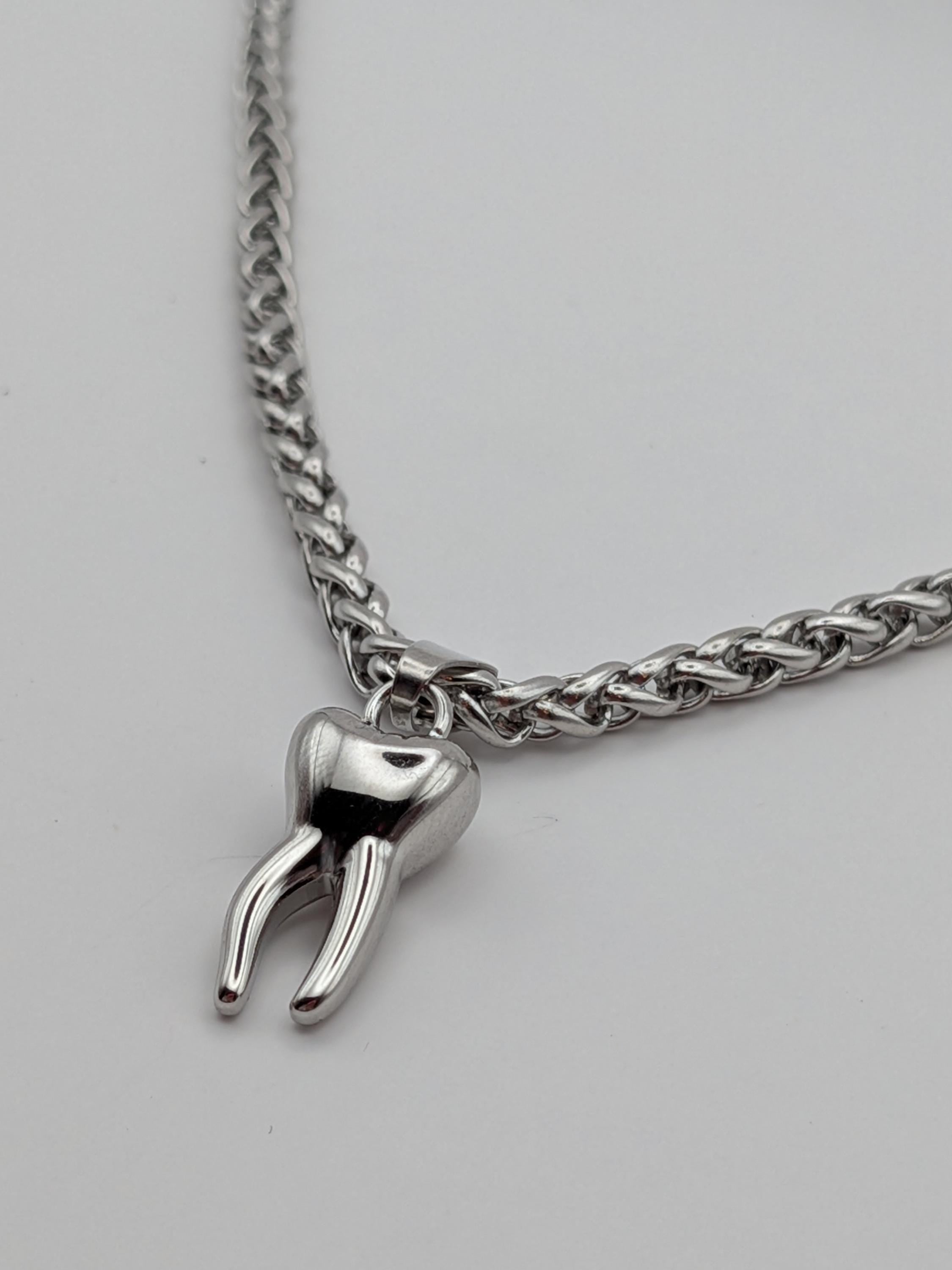 Steel Tooth Charm Necklace: Handmade Stainless Steel Wheat Chain, Waterproof Materials, Alternative Gothic Grunge Jewelry