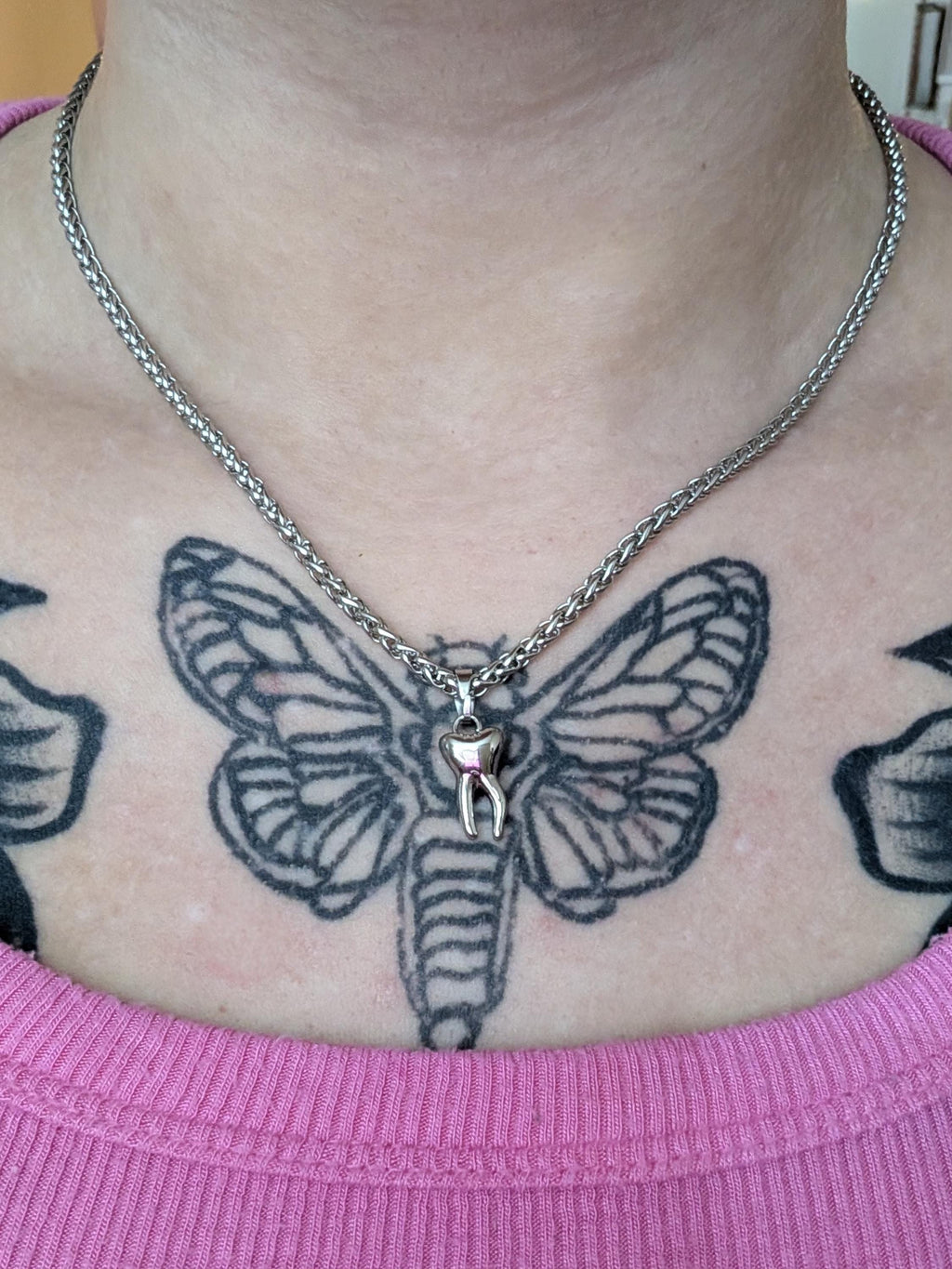 Steel Tooth Charm Necklace: Handmade Stainless Steel Wheat Chain, Waterproof Materials, Alternative Gothic Grunge Jewelry