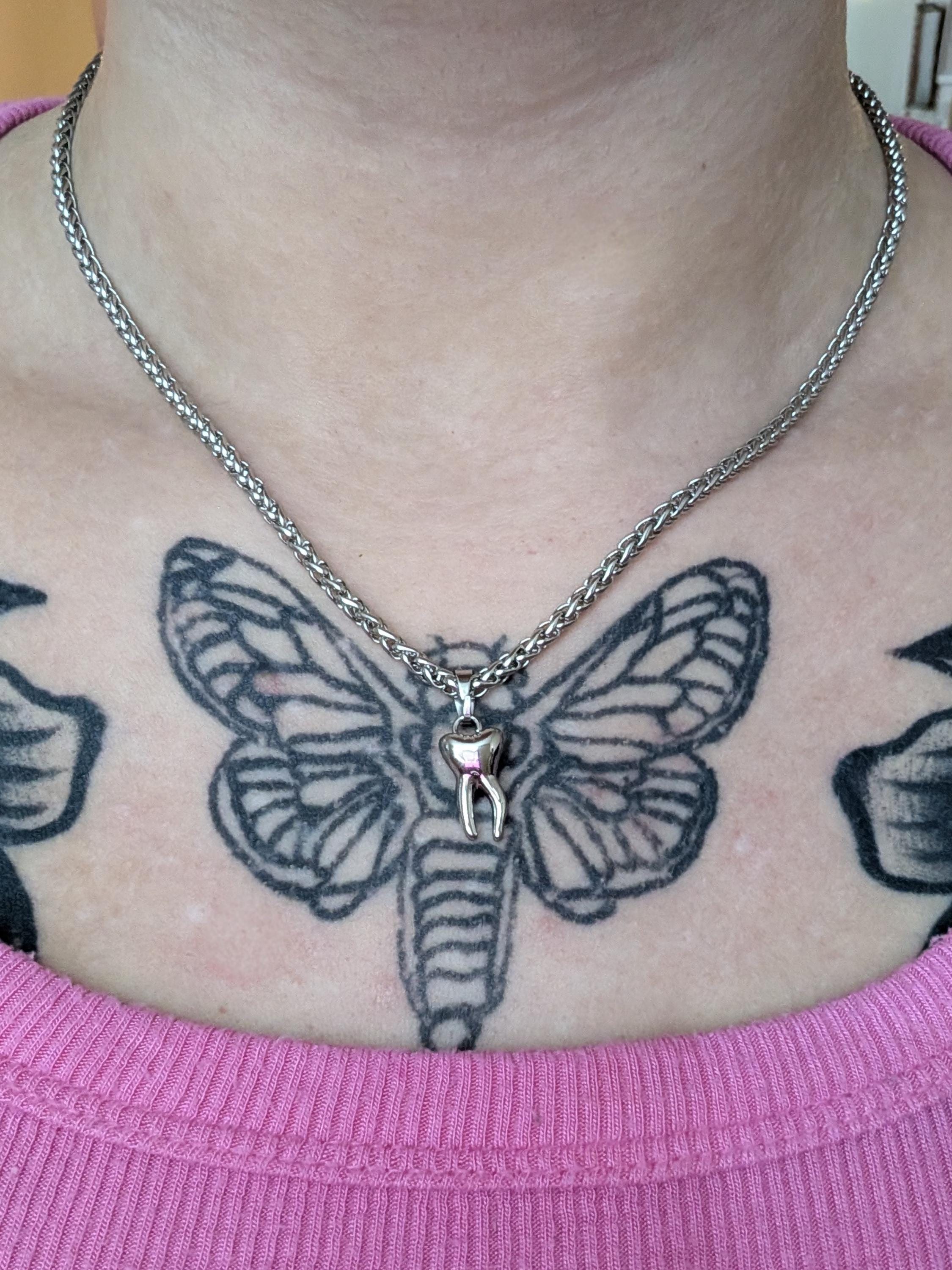 Steel Tooth Charm Necklace: Handmade Stainless Steel Wheat Chain, Waterproof Materials, Alternative Gothic Grunge Jewelry
