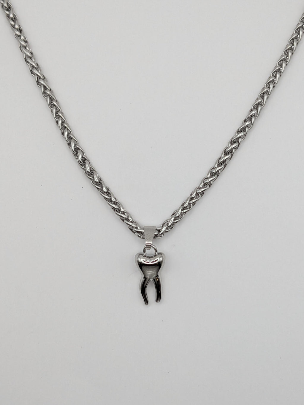 Steel Tooth Charm Necklace: Handmade Stainless Steel Wheat Chain, Waterproof Materials, Alternative Gothic Grunge Jewelry