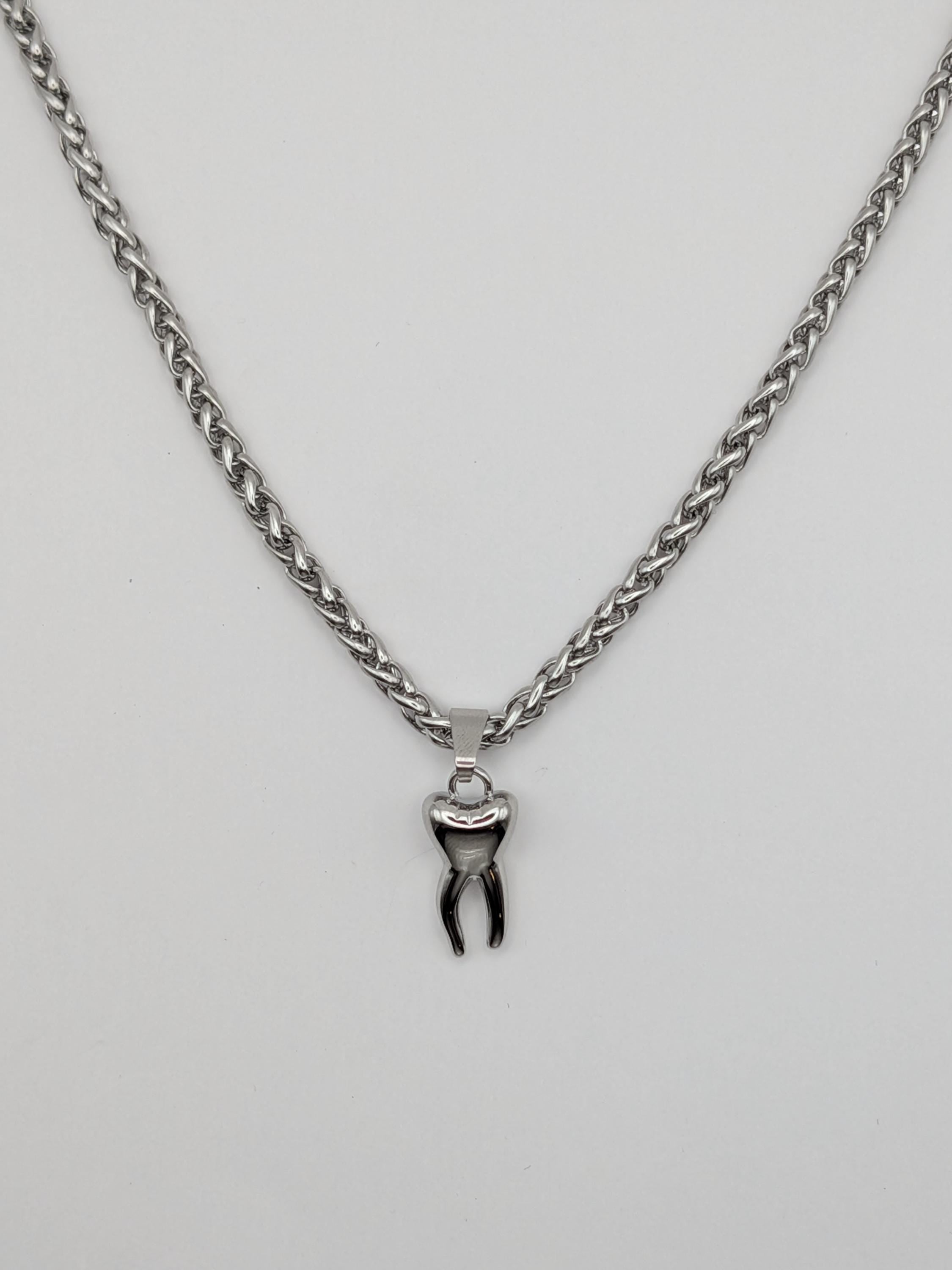 Steel Tooth Charm Necklace: Handmade Stainless Steel Wheat Chain, Waterproof Materials, Alternative Gothic Grunge Jewelry