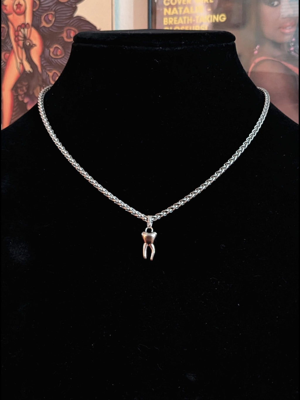Steel Tooth Charm Necklace: Handmade Stainless Steel Wheat Chain, Waterproof Materials, Alternative Gothic Grunge Jewelry