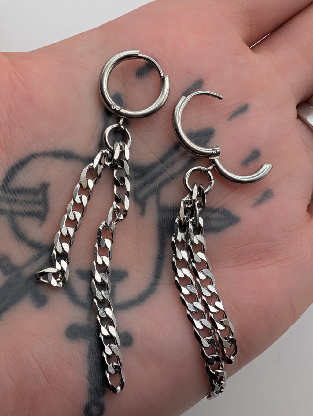 Stainless Steel Chain Tassel Hoop Earrings, Cuban Link Dangle Jewelry, Punk Grunge Goth Y2K Alternative