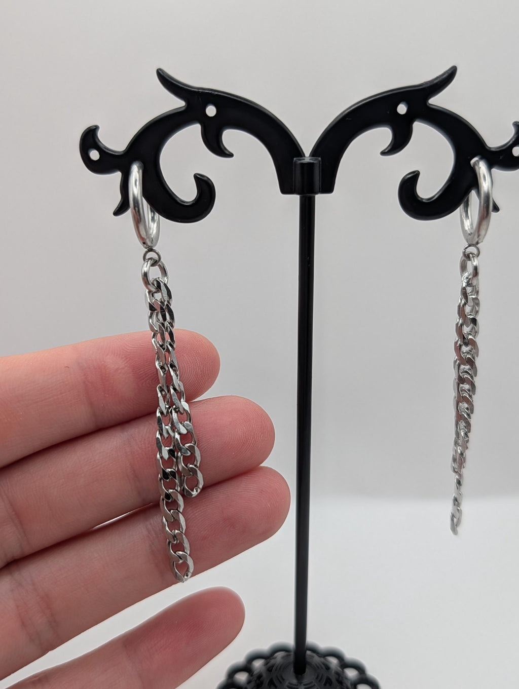 Stainless Steel Chain Tassel Hoop Earrings, Cuban Link Dangle Jewelry, Punk Grunge Goth Y2K Alternative