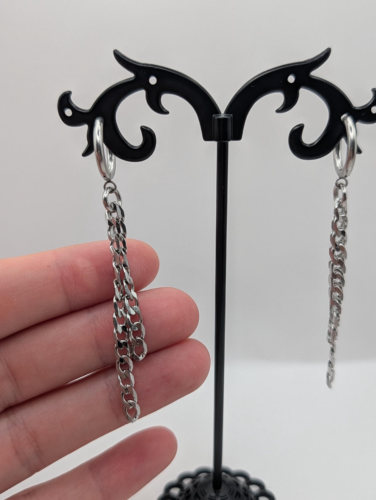 Stainless Steel Chain Tassel Hoop Earrings, Cuban Link Dangle Jewelry, Punk Grunge Goth Y2K Alternative