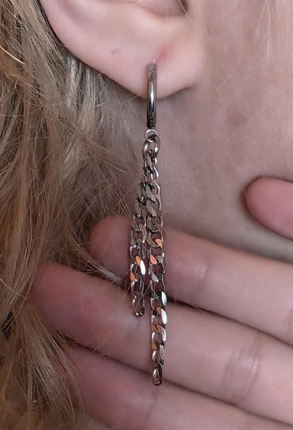 Stainless Steel Chain Tassel Hoop Earrings, Cuban Link Dangle Jewelry, Punk Grunge Goth Y2K Alternative